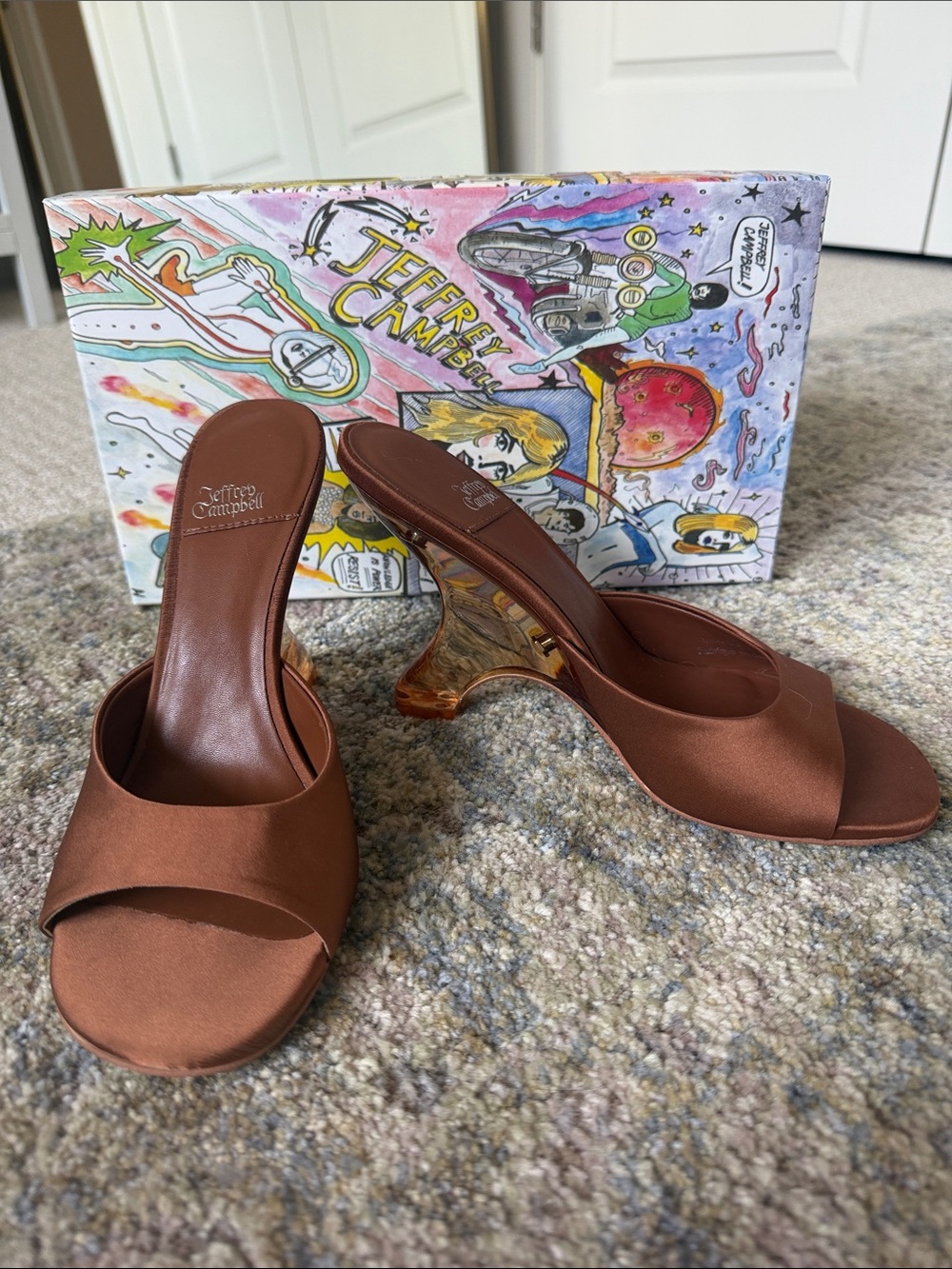 Jeffrey Campbell Brown Satin Slide Mules with Sculpted Clear Heel
